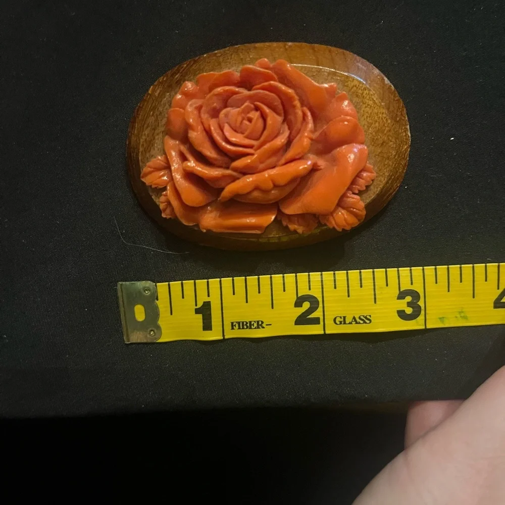 Vintage Orange Carved Rose Celluloid Brooch on Wood